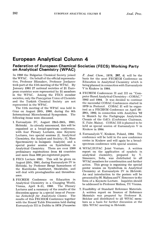 European analytical column 4. Federation of European Chemical Societies (FECS) Working Party on Analytical Chemistry (WPAC)
