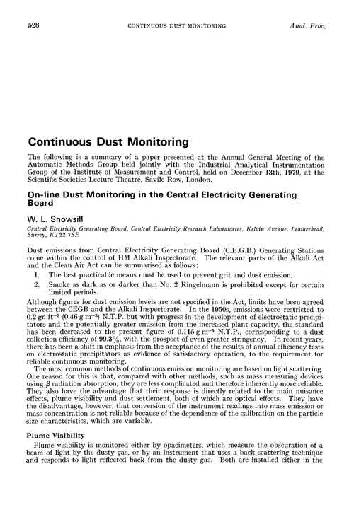 Continuous dust monitoring. On-line dust monitoring in the Central Electricity Generating Board