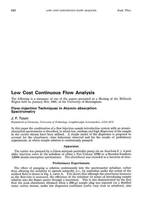 Low cost continuous flow analysis. Flow-injection techniques in atomic-absorption spectrometry