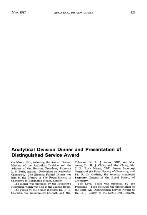 Analytical Division Dinner and Presentation of Distinguished Service Award