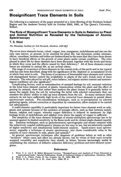Biosignificant trace elements in soils. The role of biosignificant trace elements in soils in relation to plant and animal nutrition as revealed by the techniques of atomic spectroscopy