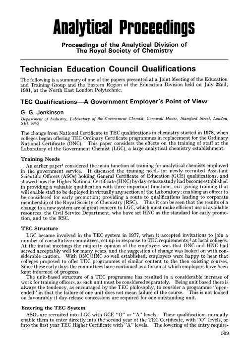 Technician Education Council Qualifications. TEC qualifications—a government employer's point of view