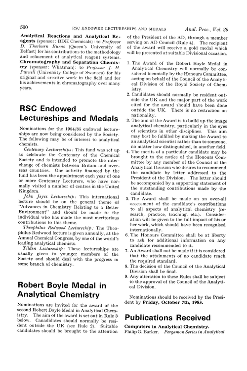 RSC Endowed Lectureships and Medals