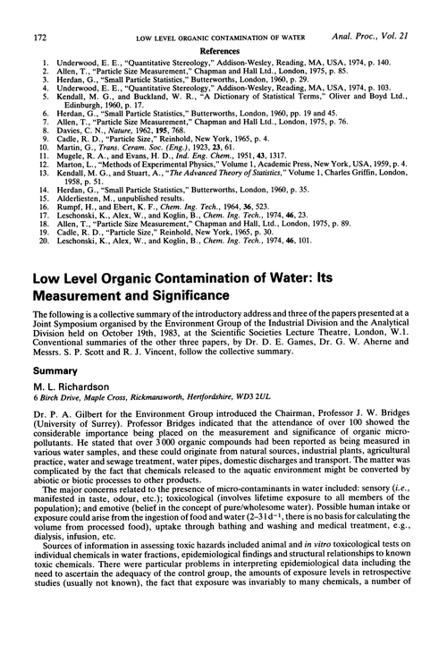 Low level organic contamination of water: its measurement and significance