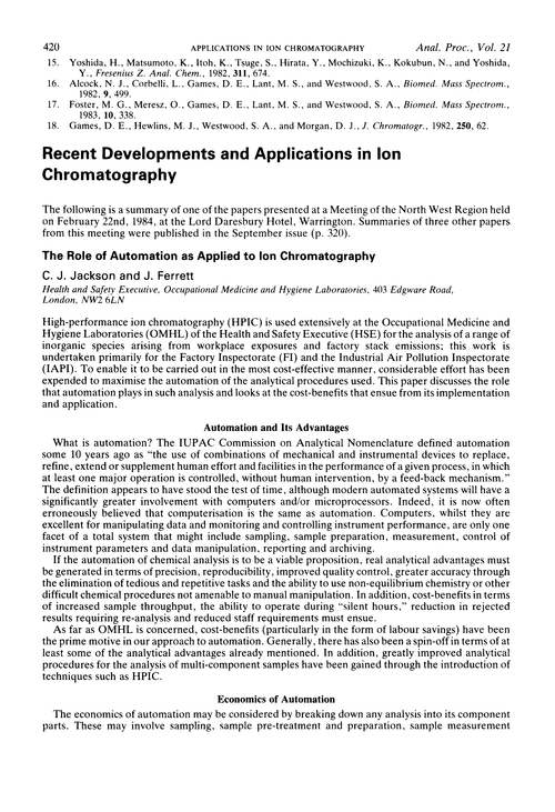 Recent developments and applications in ion chromatography. The role of automation as applied to ion chromatography