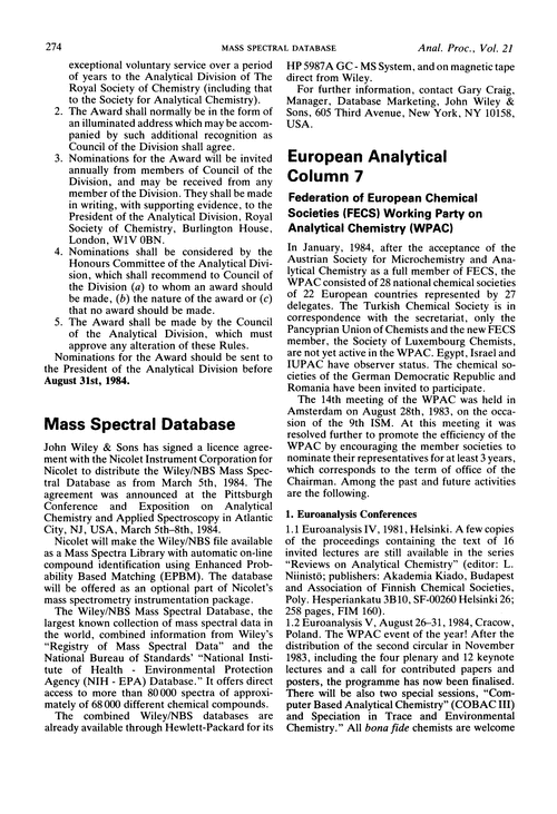 European analytical column 7. Federation of European Chemical Societies (FECS) working party on analytical chemistry (WPAC)
