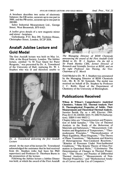 AnalaR Jubilee Lecture and Gold Medal