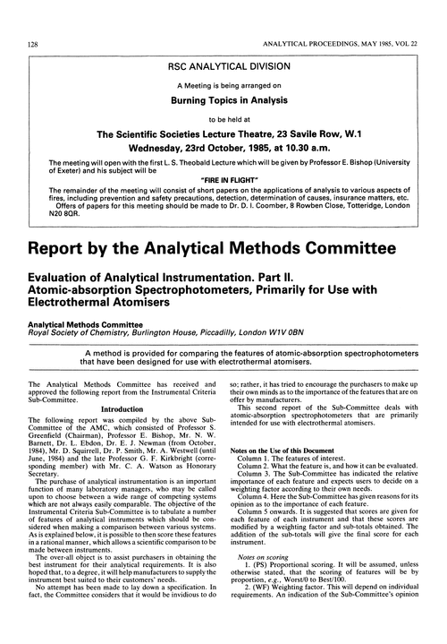 Evaluation of analytical instrumentation. Part II. Atomic-absorption spectrophotometers, primarily for use with electrothermal atomisers