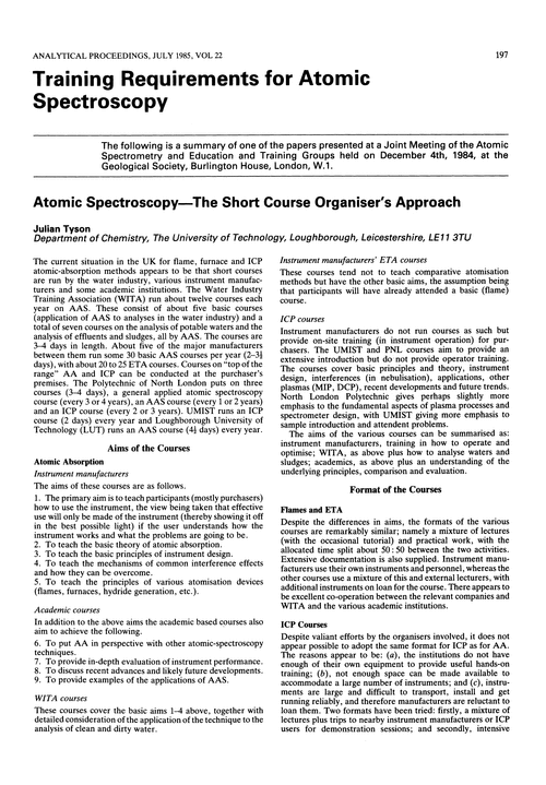 Training requirements for atomic spectroscopy. Atomic spectroscopy—the short course organiser's approach