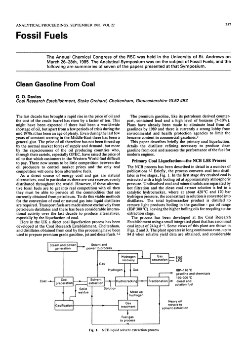 Fossil fuels. Clean gasoline from coal