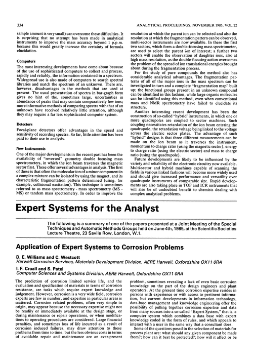 Expert systems for the analyst. Application of expert systems to corrosion problems