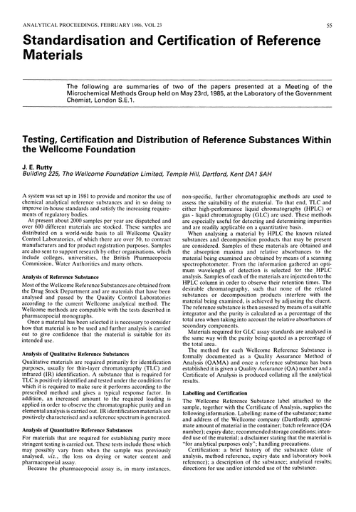 Standardisation and certification of reference materials