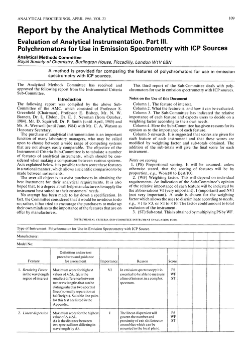 Evaluation of analytical instrumentation. Part III. Polychromators for use in emission spectrometry with ICP sources