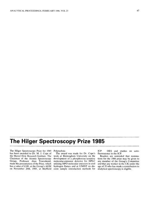 The Hilger Spectroscopy Prize 1985
