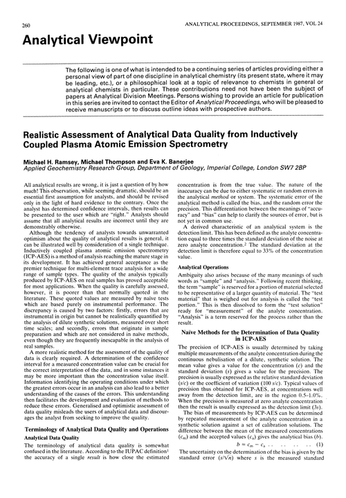 Analytical viewpoint. Realistic assessment of analytical data quality from inductively coupled plasma atomic emission spectrometry
