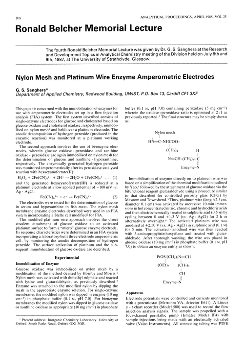 Ronald Belcher Memorial Lecture. Nylon mesh and platinum wire enzyme amperometric electrodes
