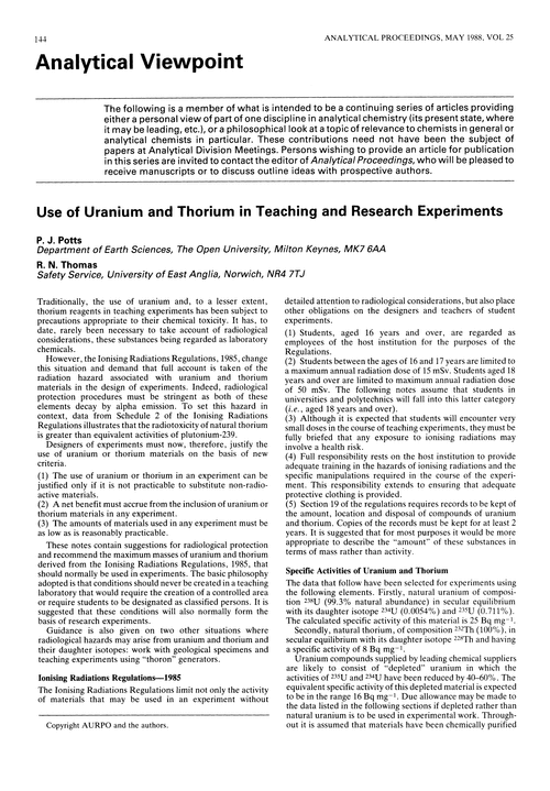 Analytical viewpoint. Use of uranium and thorium in teaching and research experiments