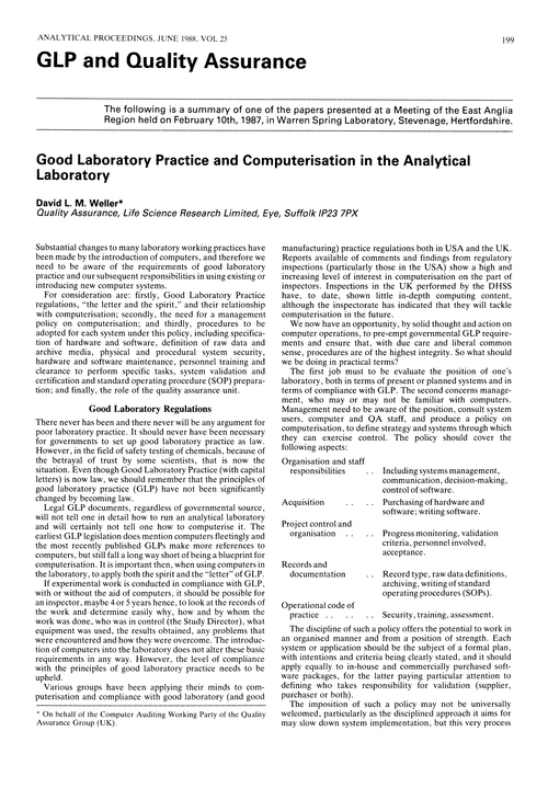 GLP and quality assurance. Good laboratory practice and computerisation in the analytical laboratory