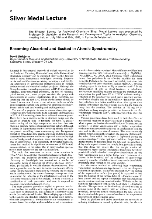 Silver medal lecture. Becoming absorbed and excited in atomic spectrometry