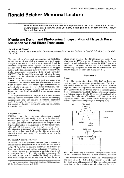 Ronald Belcher Memorial Lecture. Membrane design and photocuring encapsulation of flatpack based ion-sensitive field effect transistors