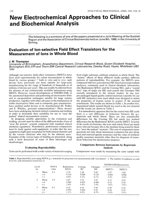 New electrochemical approaches to clinical and biochemical analysis. Evaluation of ion-selective field effect transistors for the measurement of ions in whole blood