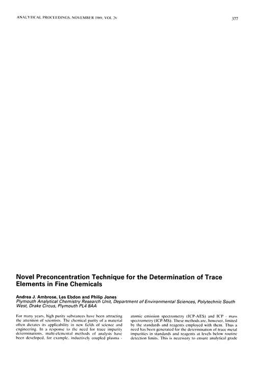 Novel preconcentration technique for the determination of trace elements in fine chemicals