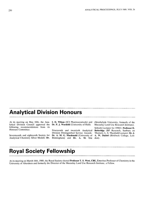 Analytical Division Honours