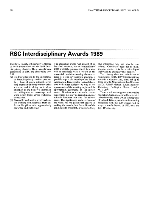 RSC Interdisciplinary Awards 1989