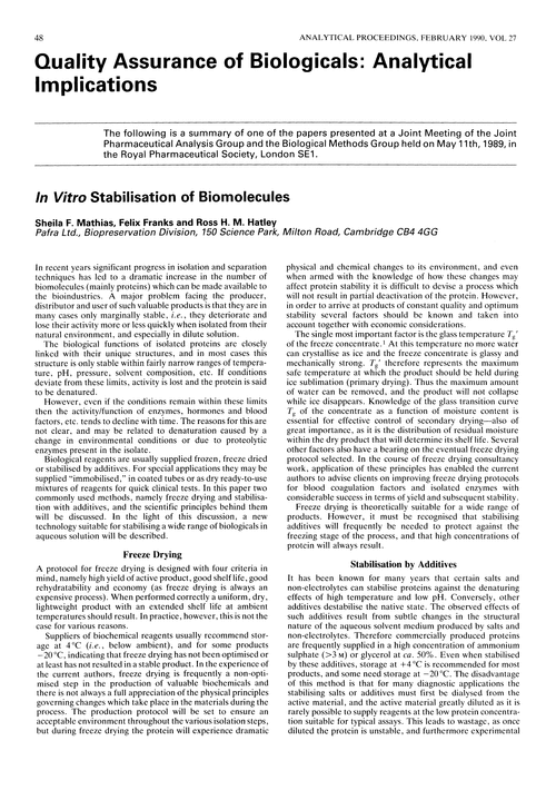 Quality assurance of biologicals: analytical implications. In vitro stabilisation of biomolecules