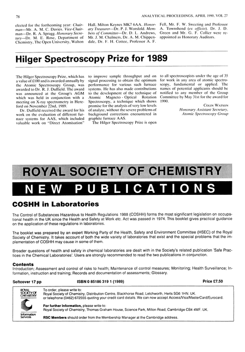 Hilger Spectroscopy Prize for 1989