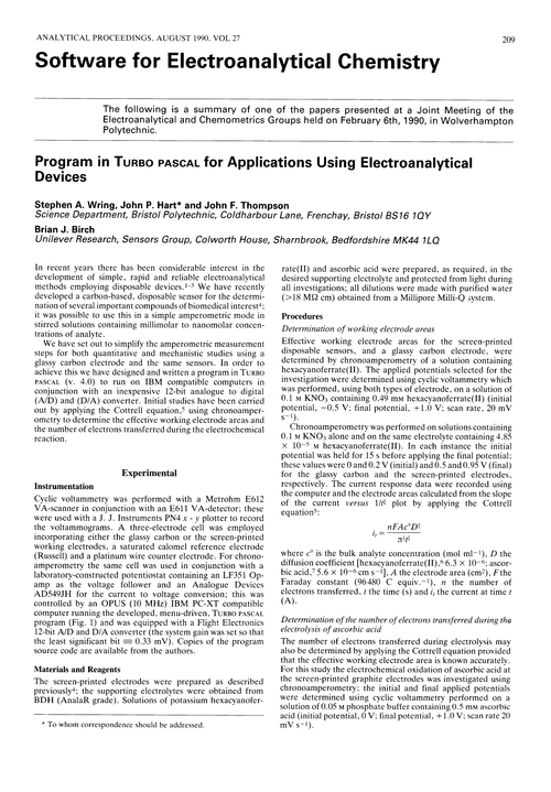 Software for Electroanalytical Chemistry. Program in TURBO PASCAL for applications using electroanalytical devices