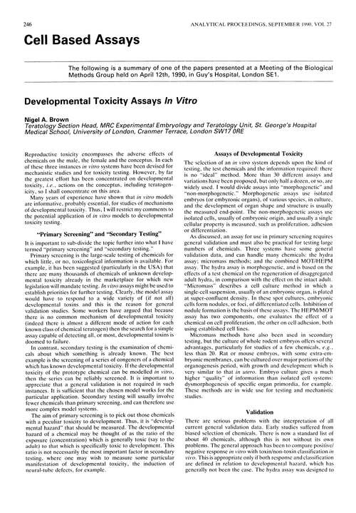 Cell based assays. Developmental toxicity assays in vitro