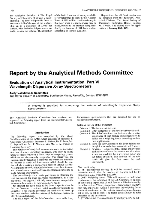 Report by the Analytical Methods Committee. Evaluation of analytical instrumentation. Part VI. Wavelength dispersive X-ray spectrometers