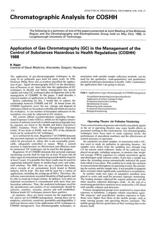 Chromatographic analysis for COSHH. Application of gas chromatography (GC) in the management of the Control of Substances Hazardous to Health regulations (COSHH) 1988