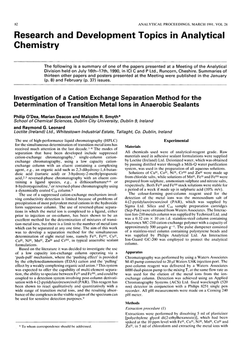 Research and development topics in Analytical Chemistry. Investigation of a cation exchange separation method for the determination of transition metal ions in anaerobic sealants