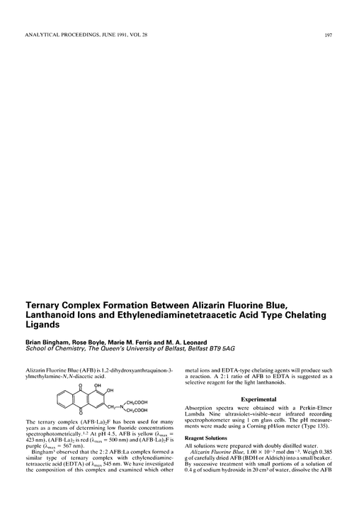 Ternary complex formation between alizarin fluorine blue, lanthanoid ions and ethylenediaminetetraacetic acid type chelating ligands