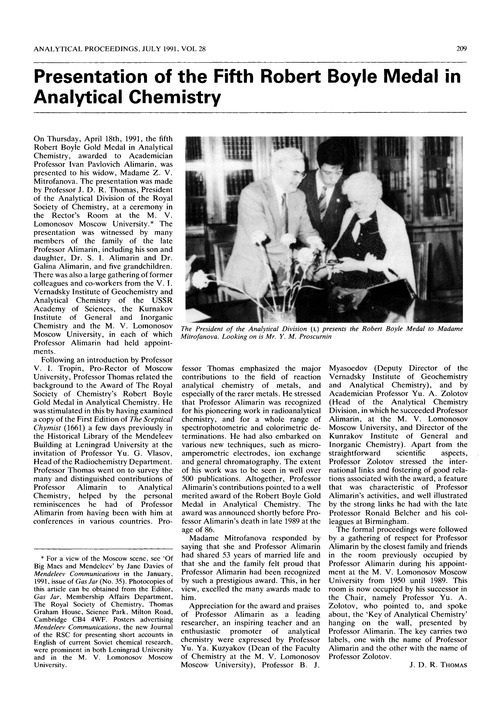 Presentation of the Fifth Robert Boyle Medal in Analytical Chemistry