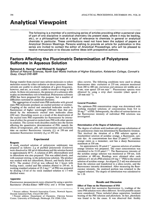 Analytical viewpoint. Factors affecting the fluorimetric determination of polystyrene sulfonate in aqueous solution