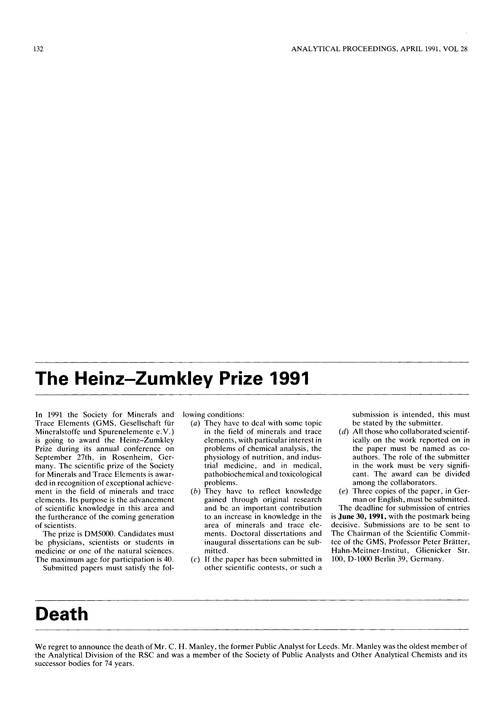 The Heinz-Zumkley Prize 1991