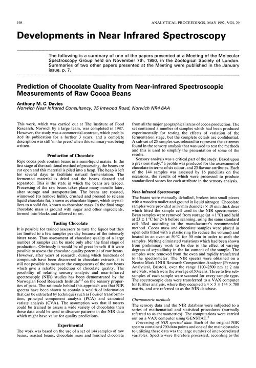 Developments in near infrared spectroscopy. Prediction of chocolate quality from near-infrared spectroscopic measurements of raw cocoa beans