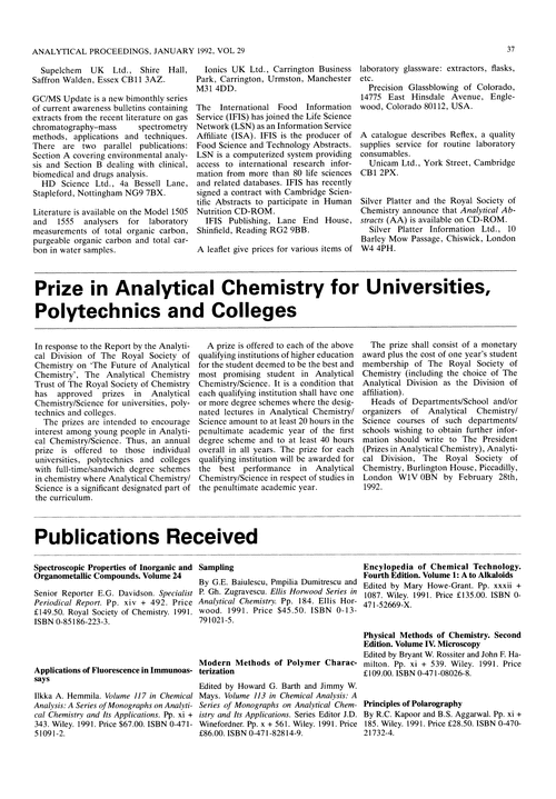 Prize in Analytical Chemistry for universities, polytechnics and colleges