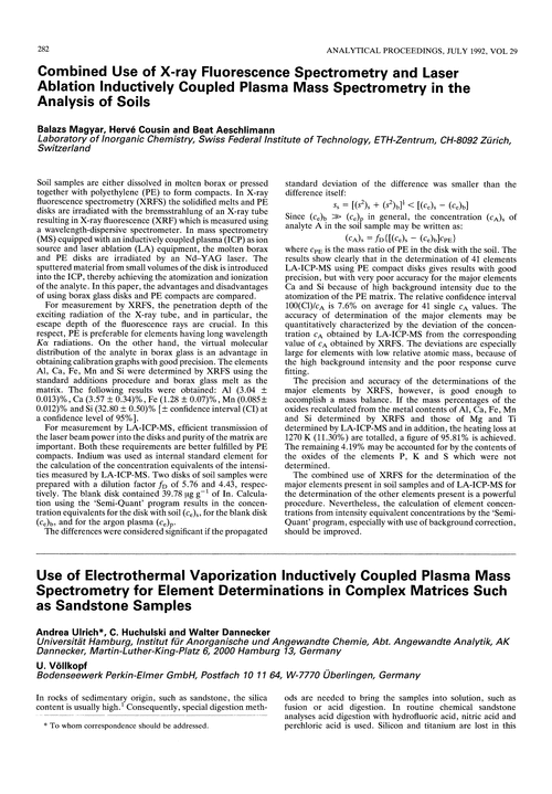 Use of electrothermal vaporization inductively coupled plasma mass spectrometry for element determinations in complex matrices such as sandstone samples
