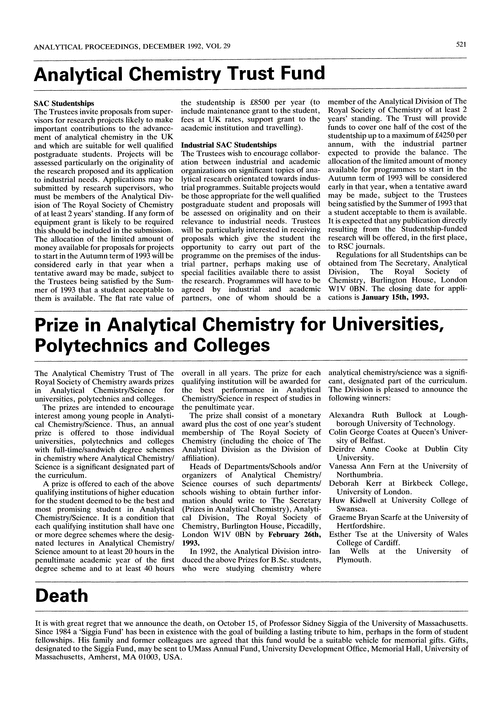 Prize in Analytical Chemistry for universities, polytechnics and colleges