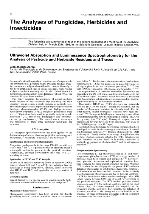 The analyses of fungicides, herbicides and insecticides