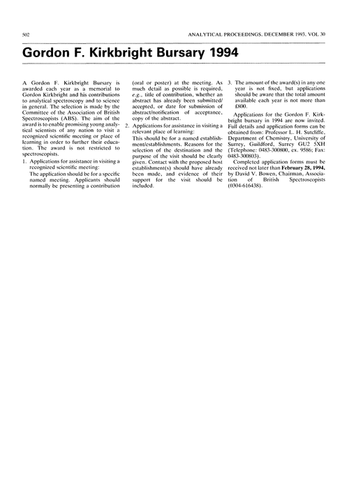 Gordon F. Kirkbright Bursary 1994