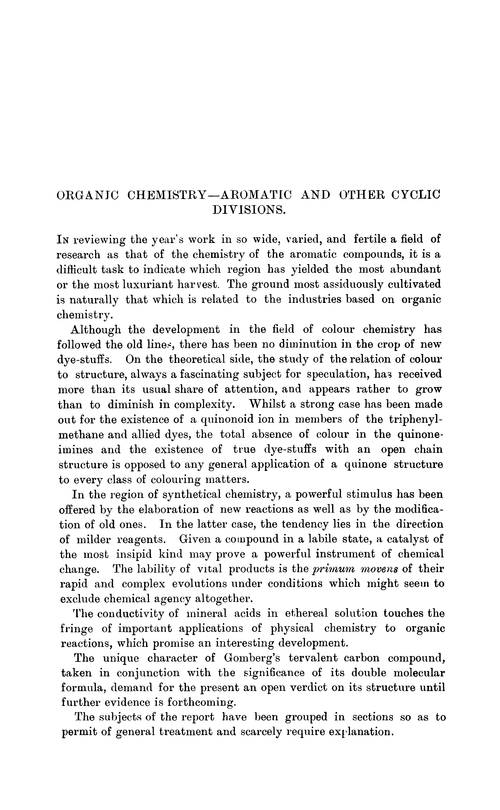 Organic chemistry–aromatic and other cyclic divisions