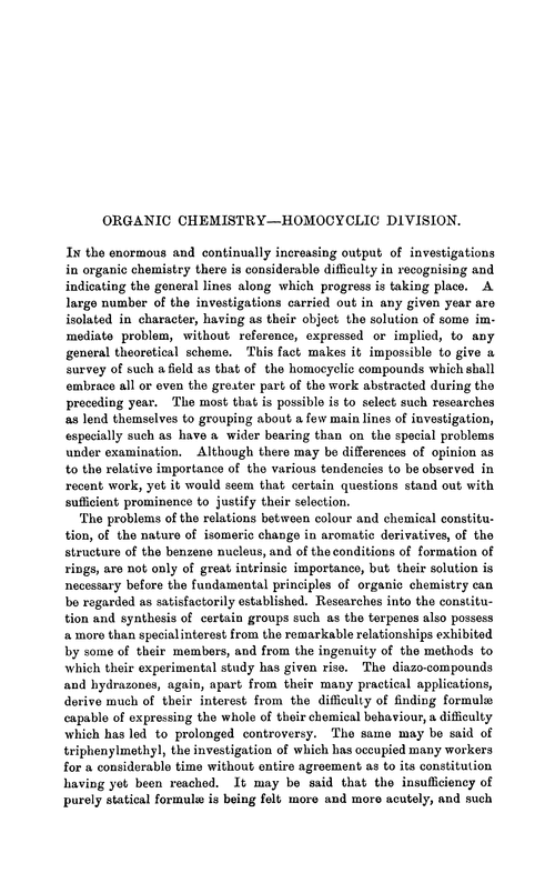 Organic chemistryhomocyclic division Annual Reports on the Progress