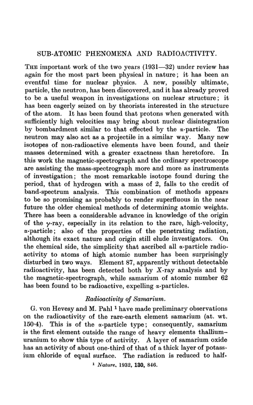 Sub-atomic phenomena and radioactivity (1931–32)
