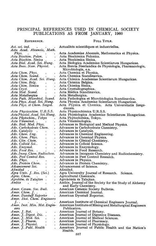 Principal references used in Chemical Society publications as from January, 1960