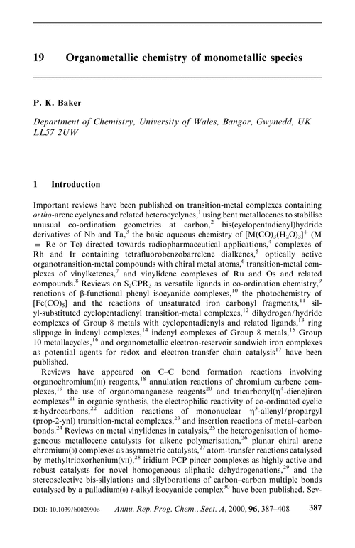 19 Organometallic chemistry of monometallic species